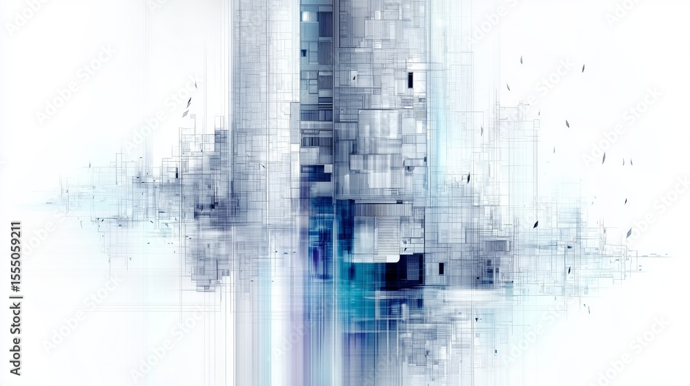 Fototapeta premium Ethereal blue-tinted futuristic cityscape, translucent glass architecture, dreamy atmospheric landscape, holographic building effects, misty modern skyline, clean minimalist architectural design