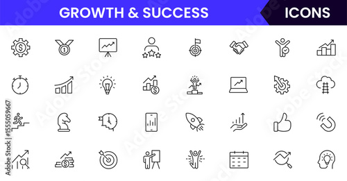Vector line icons of growth, success, progress, goals, achievement, leadership, motivation, career, business strategy, and performance ideal for apps, websites, and presentations.
