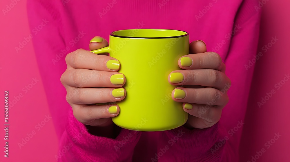 Obraz premium Woman's hands holding a bright yellow mug against a pink background