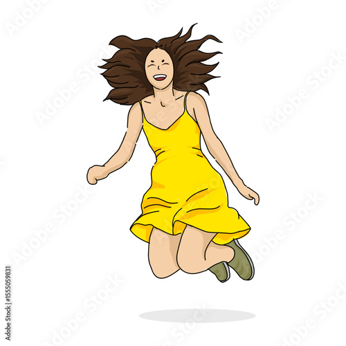 illustration of a happy, energetic woman with flowing hair, joyfully jumping in a vibrant yellow dress, conveying feelings of freedom, happiness, and celebration.
