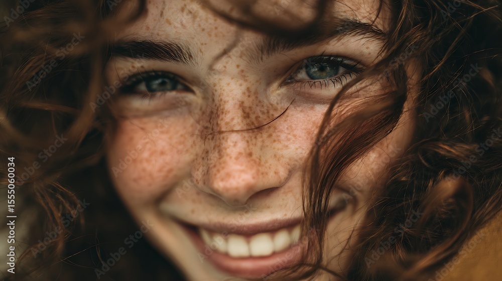 Close-up portrait of a smiling freckled woman with curly hair Close-up portrait of a smiling freckled woman with curly hair