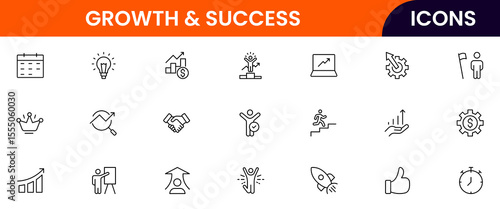Vector line icons of growth, success, progress, goals, achievement, leadership, motivation, career, business strategy, and performance ideal for apps, websites, and presentations.