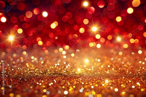 A red and gold background sparkles with festive lights and glitter, creating a magical holiday atmosphere