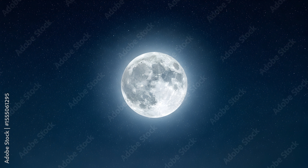 Fototapeta premium Detailed full moon with a bright celestial halo, showcasing lunar craters and textures against the vast cosmic night sky.