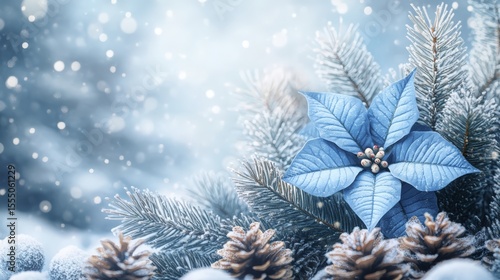 Elegant winter scene with blue poinsettia, pine cones, and snow bokeh