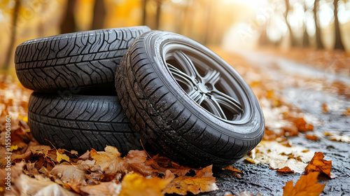 Fototapeta Naklejka Na Ścianę i Meble -  Autumn motoring: tires ready for the seasonal change on fall foliage