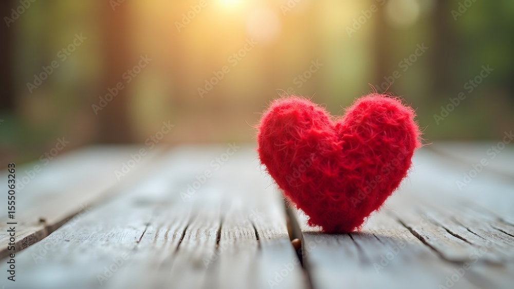 Fototapeta premium Plush Red Heart on Rustic Wooden Surface with Soft Light