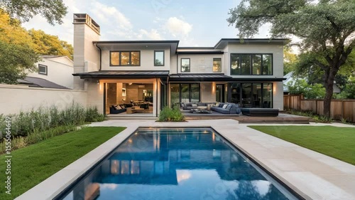 Contemporary house with backyard and swimming pool, sleek architectural design, modern outdoor living space, stylish landscaping