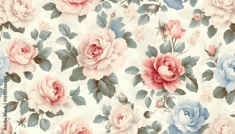 Fototapeta Seamless Vintage Chintz Floral Pattern with Pastel Roses and Peonies in Soft Cottage Core Style
