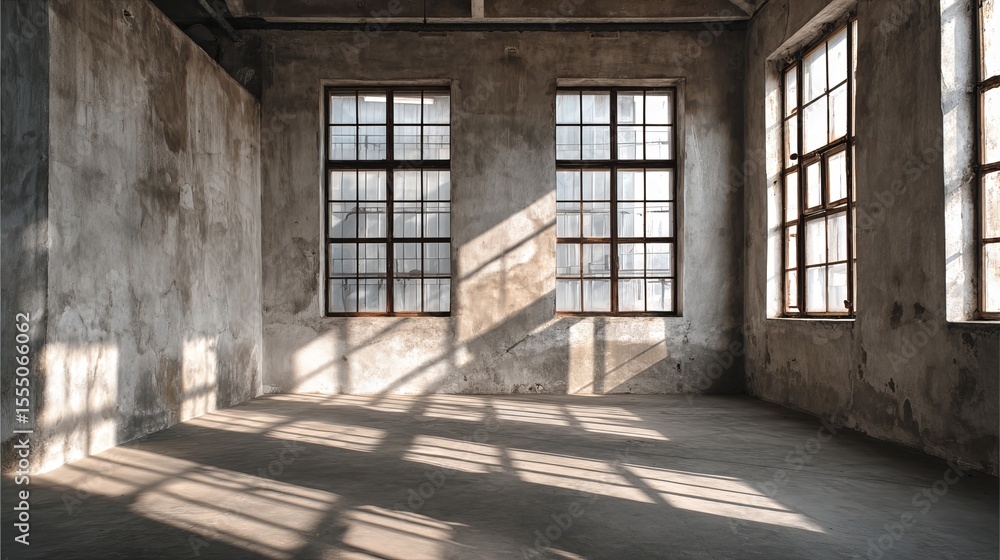 Fototapeta premium Sunlight illuminating abandoned industrial building interior through large windows