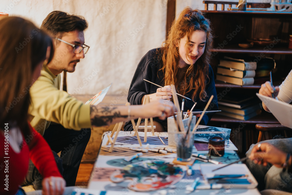 Fototapeta premium People participating in an artistic activity, sharing ideas, and creating together in a cozy studio environment, promoting teamwork, creativity, and engagement in their collective artistic exploration