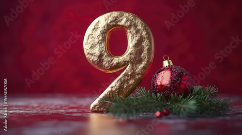 Golden textured number nine sits near red bauble on evergreen against vibrant red background