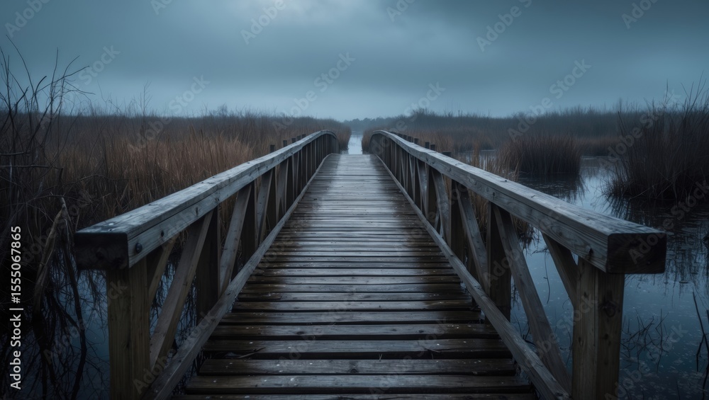 Fototapeta premium Empty wooden bridge over water leading into a foggy, marshy landscape.