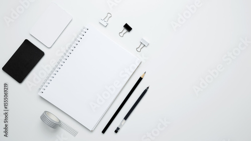 Wallpaper Mural Monochrome stationery items arranged neatly. On a white background, an empty mock up notebook, white and black cards Torontodigital.ca