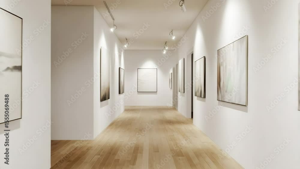 Indoor gallery hallway with light hardwood floor, mounted lighting fixtures, and clean white walls displaying art Indoor gallery hallway with light hardwood floor, mounted lighting fixtures, and clean white walls displaying art