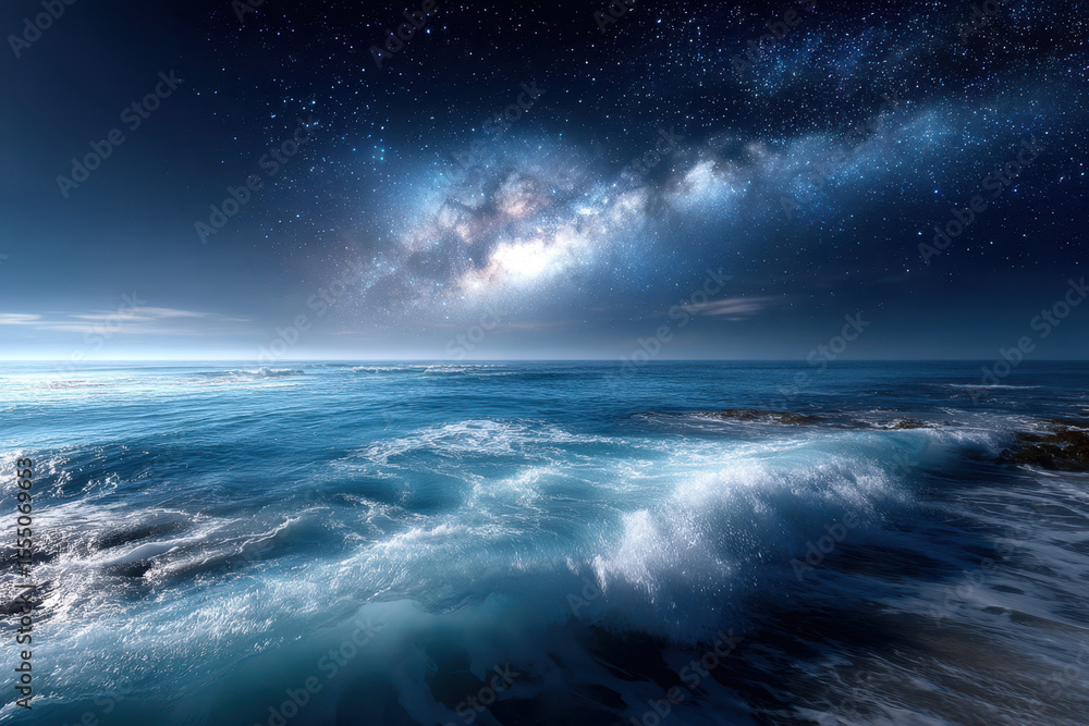 Fototapeta premium Starlit waves crashing against the shore at night under a vast sky