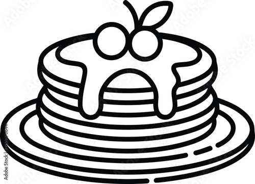 Minimalist Pancake Stack Illustration with Syrup and Berries Perfect for Breakfast Menus and Food Related Designs Black and