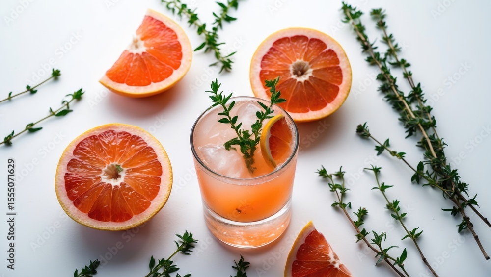 Grapefruit halves with ice and herbs in a glass, surrounded by thyme sprigs, on a white background. Fresh citrus drink with herbal garnish. Grapefruit halves with ice and herbs in a glass, surrounded by thyme sprigs, on a white background. Fresh citrus drink with herbal garnish.