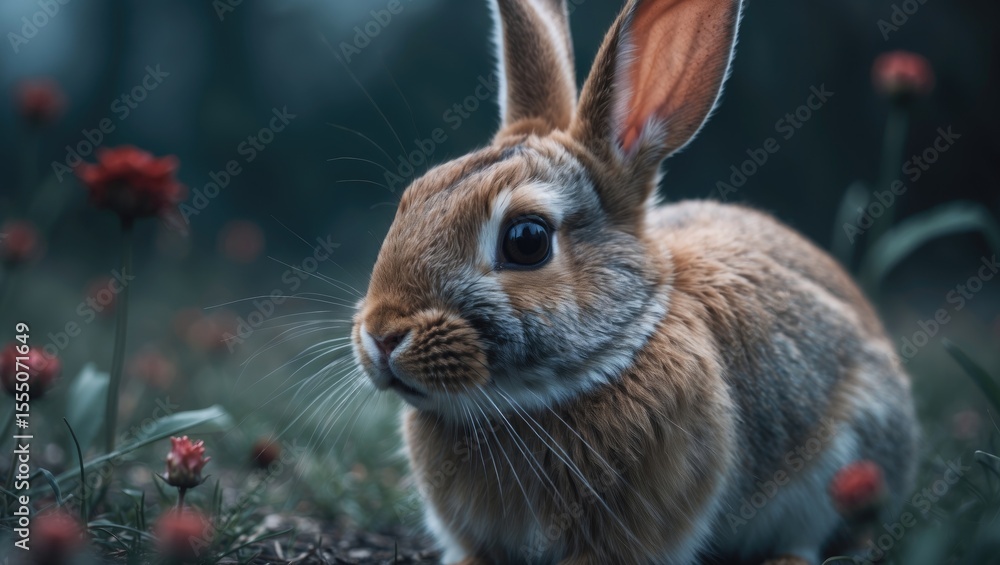 Fototapeta premium A rabbit in a natural environment with flowers and foliage.