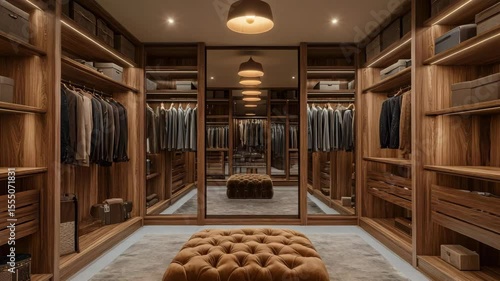 Luxurious walk-in closet with wooden shelves hanging lights velvet ottoman and mirrored sliding doors under diffused ceiling lighting