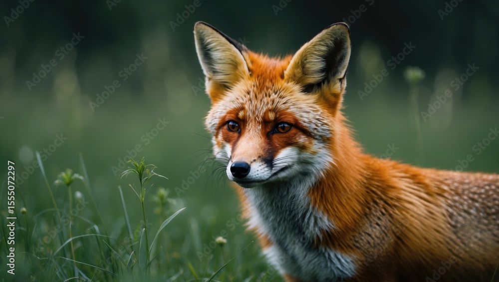 Fototapeta premium A fox in a natural green setting with grass and foliage. Wildlife and animals, nature and habitat, furry animal. The wildlife and habitat concept.