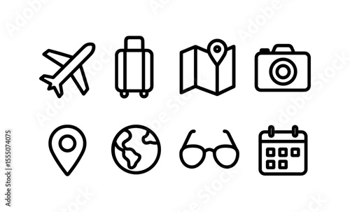 Travel icon set: airplane, luggage, map, camera, location, globe, glasses, calendar