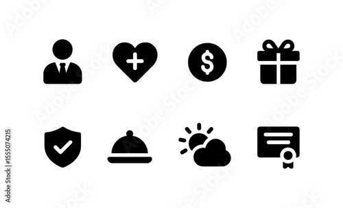 Business and employee benefits icons set: health, finance, gift, and more