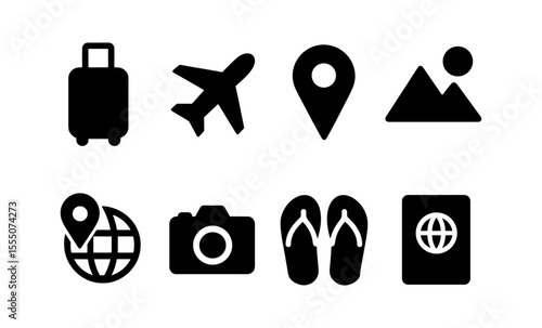 Travel essentials icon set: luggage, airplane, camera, passport, and more