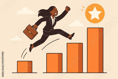 Ambitious businesswoman leaps across a rising bar graph, aiming for a star. A concept of career growth, achieving goals, success, ambition, and professional development.