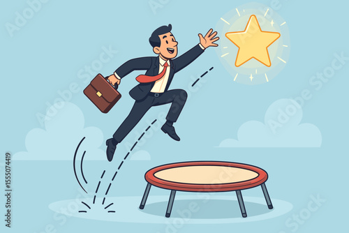 Concept of career growth and success. Businessman with briefcase jumps on trampoline reaching for a star. Metaphor for ambition, goal achievement, motivation, and aspiration.