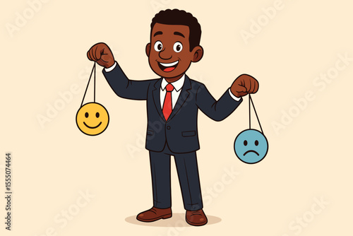 Black businessman holding happy sad face emoji. Choice between positive negative emotion. Concept of mood swing, bipolar disorder, mental health, psychology, customer satisfaction.