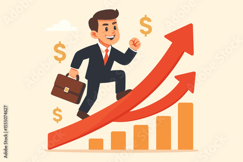 Businessman climbing growth arrow graph. Financial success concept. Man in suit with briefcase running up chart. Business progress, career ladder, ambition and achievement.