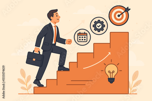 Businessman climbing career ladder with project management icons. Concept for business growth, strategy, and success. Vector illustration of a timeline with idea, plan, execute, goal stages.