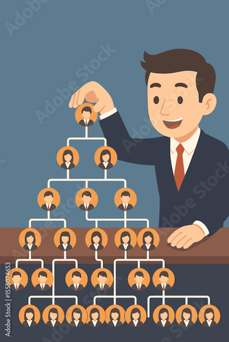Businessman creating a multi-level marketing pyramid. MLM business concept with organizational structure and hierarchy. Network marketing, recruitment, team building, and leadership.