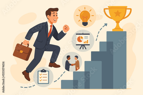 Businessman climbing stairs of success. Career ladder and project management timeline concept. Ambitious employee with briefcase running up to achieve goals and win a trophy award.