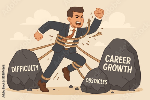 Businessman breaking free from ropes tied to stones representing difficulty and obstacles. Metaphor for career growth, overcoming business challenges, determination, and success.