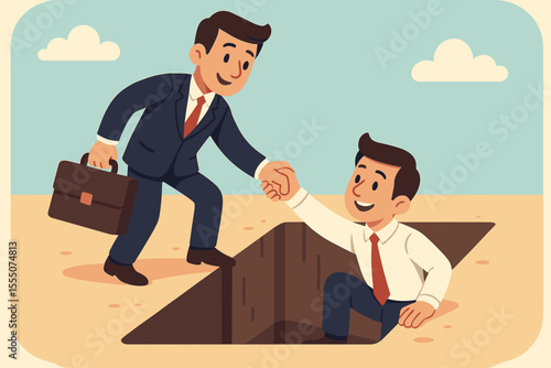 Business teamwork and support concept. Businessman helping a colleague climb out of a pit. Metaphor for problem solving, overcoming challenges, mentorship and partnership rescue.