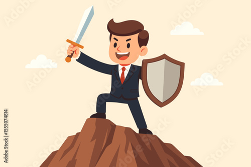 Businessman warrior with sword and shield on mountain peak. Business leadership, protection, and success concept. Metaphor for corporate security, strategy, and risk management.