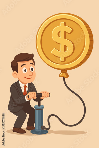 Businessman pumping a dollar coin balloon. Metaphor for financial inflation, economic bubble, and quantitative easing. Concept of money printing, devaluation, and market risk.