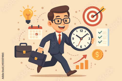 Time management concept. Businessman running with clock to meet deadline. Cartoon character mastering productivity and efficiency for professional success, growth, and achieving goals.