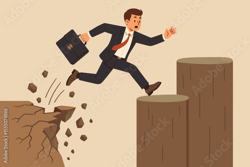 Businessman jumping over chasm from collapsing cliff. Business risk, challenge, and solution concept. Overcoming crisis, escaping instability for new opportunity and career growth.