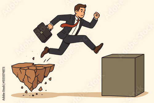 Businessman leaping from unstable ground to secure footing. Metaphor for overcoming financial instability, escaping a crisis, risk management, career change, and business solution.