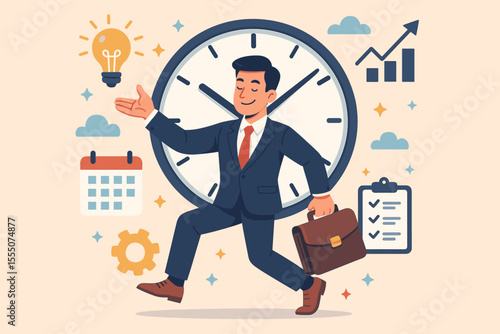 Businessman mastering time management for professional success. Vector cartoon illustration of a worker with a clock, calendar, and checklist symbolizing productivity and growth.