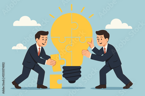 Teamwork concept with businessmen connecting puzzle pieces to form a light bulb. Metaphor for collaboration, innovation, creative ideas, brainstorming, and business solutions.