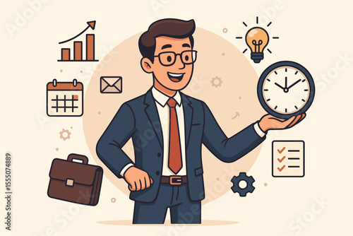 Time management concept for business success. Businessman mastering productivity and efficiency. Planning, scheduling, organization, deadline. Man with clock, calendar, checklist. Vector.