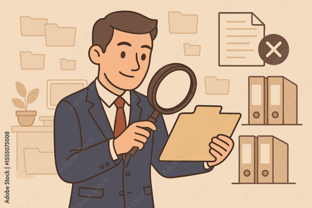Businessman character with magnifying glass searching files in office. Concept for data analysis, auditing, finding errors, document verification and information review. Flat cartoon vector. Businessman character with magnifying glass searching files in office. Concept for data analysis, auditing, finding errors, document verification and information review. Flat cartoon vector.