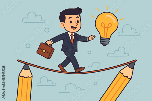 Businessman walking tightrope on pencils towards lightbulb. Metaphor for creative journey, business innovation, and taking risks. Concept of balance, challenge, and finding a solution.