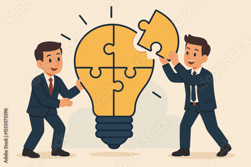 Teamwork business solution concept. Two businessmen assembling light bulb puzzle. Collaboration, partnership, innovation, creative idea generation, problem solving, teamwork vector illustration