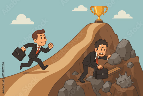 Businessmen Competing on Different Paths to Success, Easy Shortcut Versus Hard Work and Obstacles, Career Challenge, Motivation, Achievement, Risk, Opportunity, Cartoon Vector Illustration