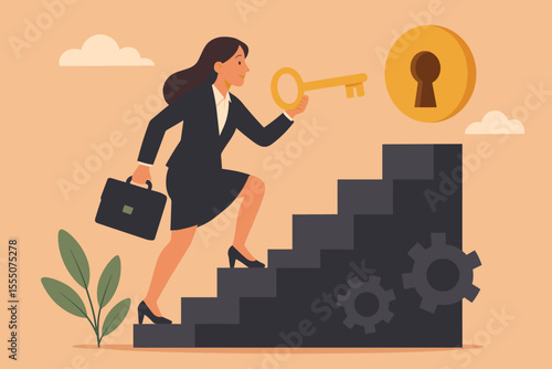 Ambitious Businesswoman Climbing Corporate Ladder with Key to Success, Career Advancement, Professional Growth, Leadership Development, Opportunity, Motivation, Vector Illustration